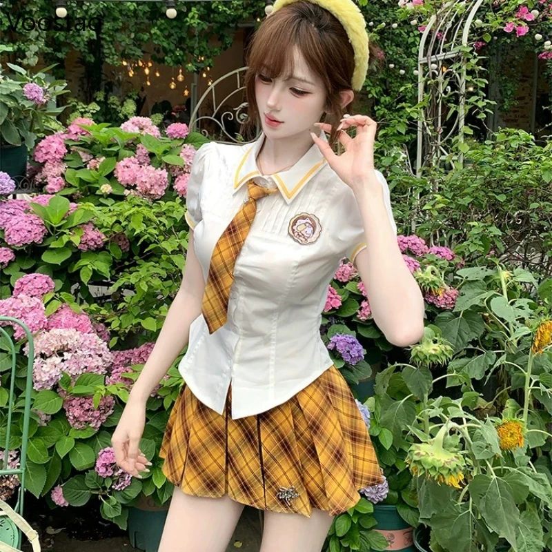 

American Preppy Style JK 2 Piece Set Women Chic Blouse Tops Plaid Pleated Skirt New Sweet Fashion Hot Chick Summer Outfits 2025