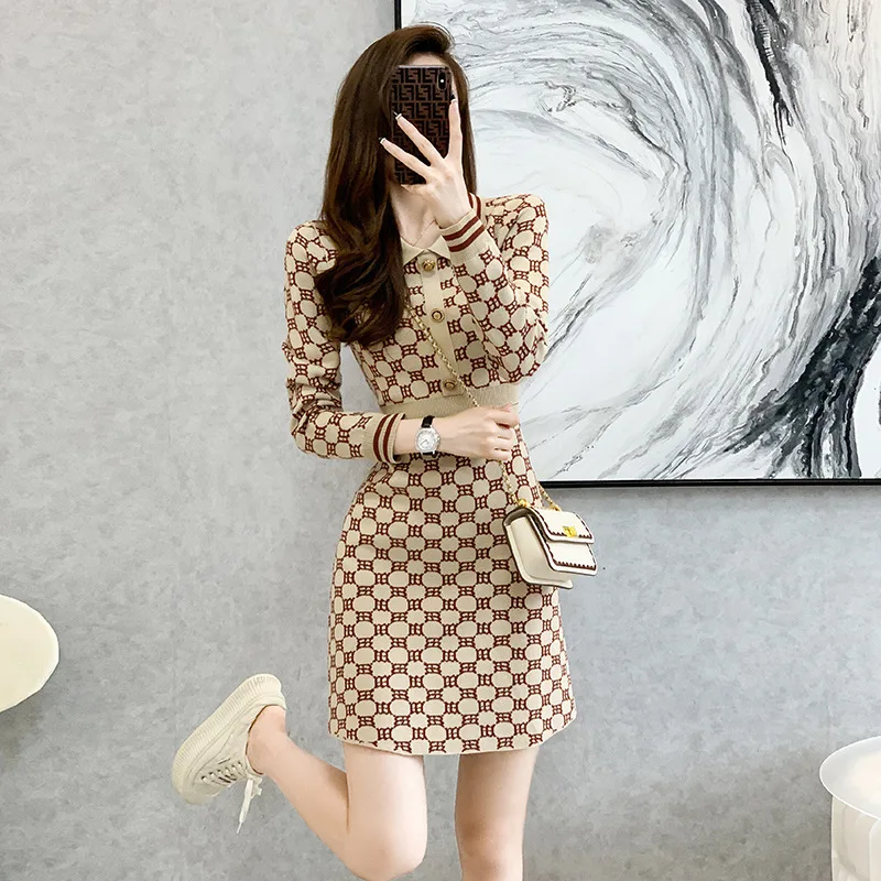 #0977 Khaki Sweater Dress Polo Neck Buttons Vintage Mini Dress Slim Fit Knitted Short Dress Female Sexy Short Retro Pencil Dress