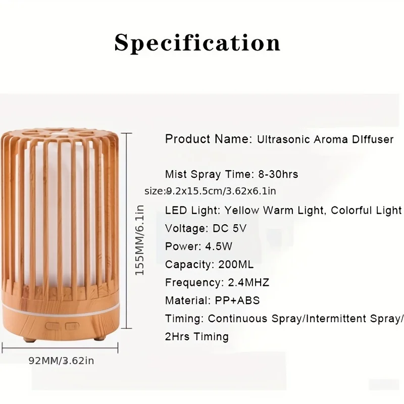 Umidificatore 1pc 7 colori con nebbia fredda e spegnimento automatico - Per e ufficio - Design giallo con venature del legno