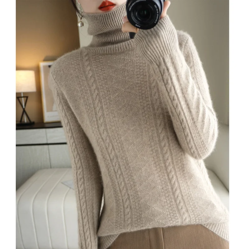 2024 Autumn/Winter New Cashmere Sweater Women's 100% Fleece High Collar Long Sleeve Hoodie Soft Sticky Knitted Sweater