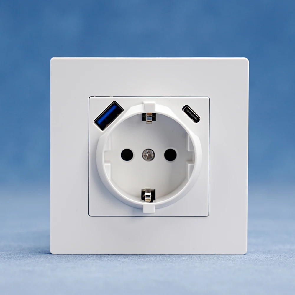 

Eu standard German socket 86*86mm 250V 16A PC panel USB port socket Type-A and Type-C wall socket fast charging PD 20W CE