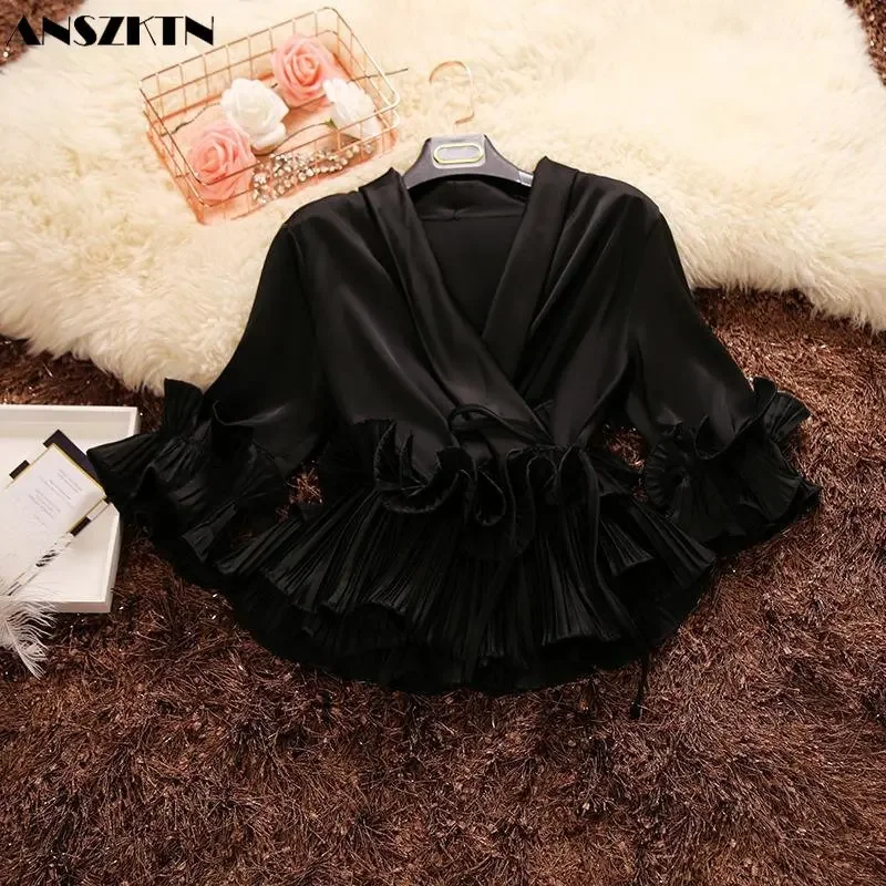 ANSZKTN Spring Fall V Neck Pleated Flounces Lace Chiffon Top Blouse Shirts For Women