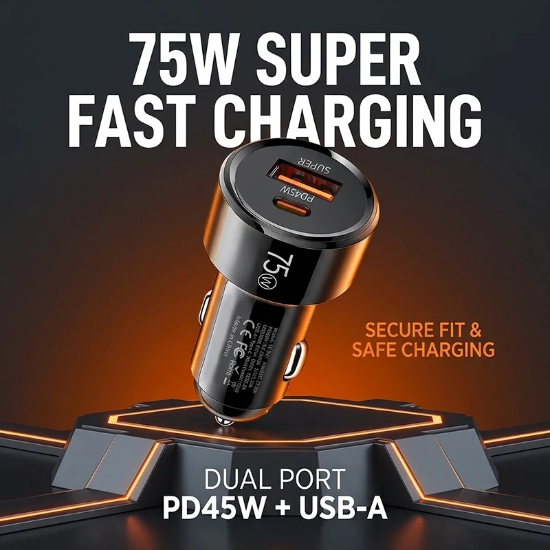 75W Dual Port Car Charger PD 45W USB C and 30W USB A Fast Charging Cigarette Lighter Adapter Smart Chip Auto Charger For iPhone