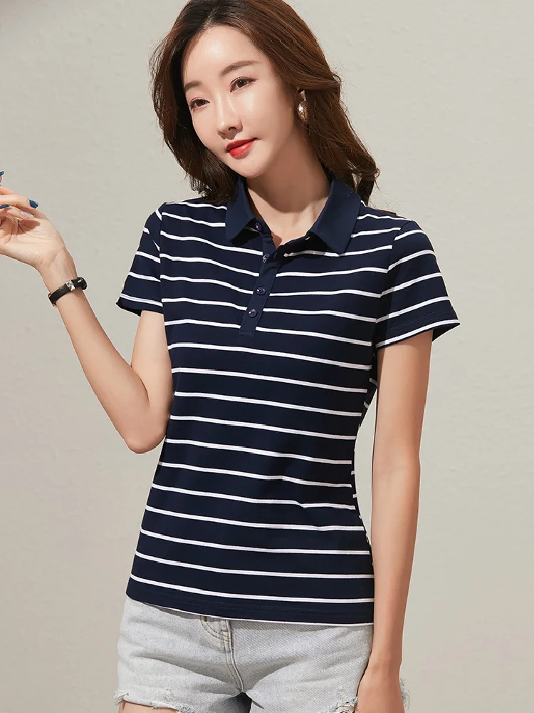 TuangBiang 2022 Summer Button Polo Collar Short Sleeve Cotton T-Shirt Brand Female Clothing Classic Tee White Stripes S-5XL Tops