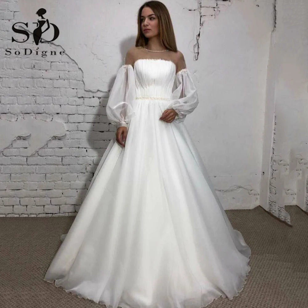 

SoDigne Vintage Princess Wedding Dress 2022 O Neck Puff Sleeves Pleat Wedding Gowns With Belt Vestido De Noiva Dubai Bridal Gown