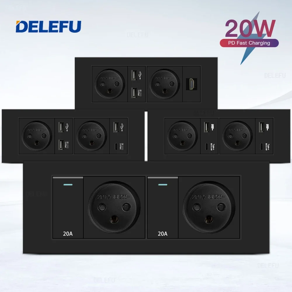 

DELEFU Flame Retardant SC31 Panel 195mm Black Israeli Standard USB Type C Fast Charging Wall Socket Switch TV Tel CAT5 CAT6