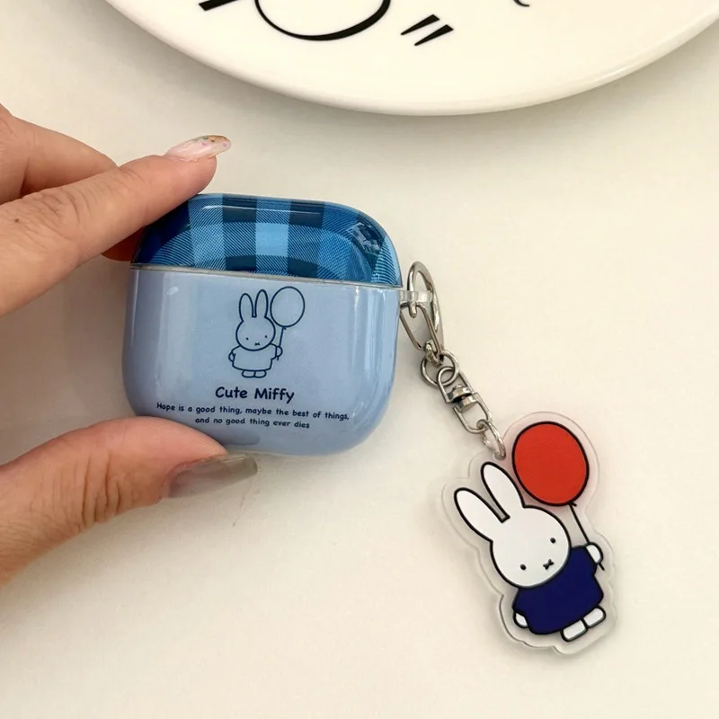 Miffy Blue Bluetooth Protective Cover Kawaii Cartoon Grid Balloon Miffy Rabbit Airpods 4 Earphone Case Fall Prevention