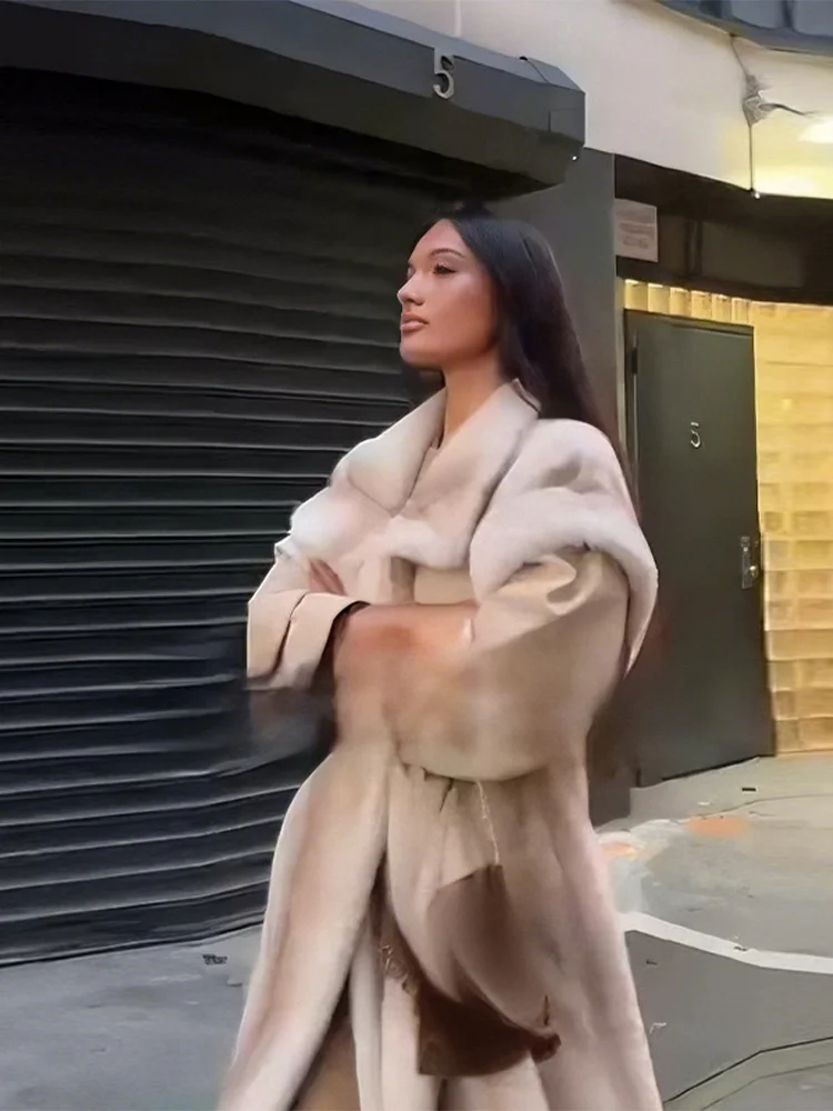 Moda patchwork finta pelliccia di visone giacca lunga manica lunga girocollo cappotto lungo peloso 2025 nuova signora autunno inverno capispalla