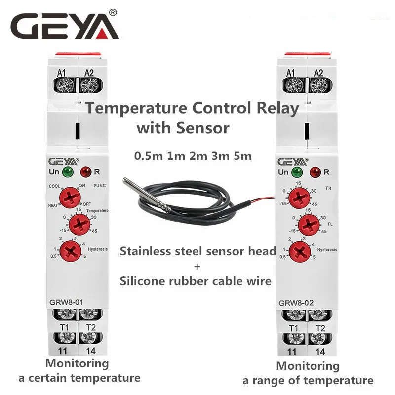 GEYA GRW8-01/02 Din Rail Temperature Control Relay 16A AC/DC24-240V with Waterproof NTC Sensor Heating & Cooling