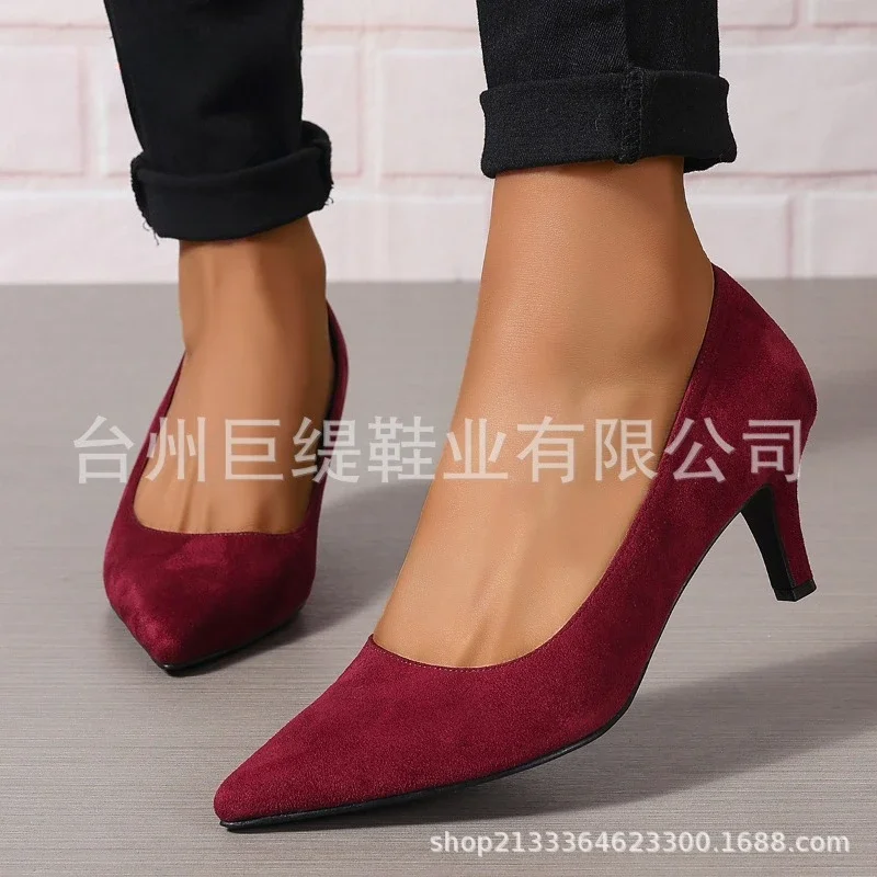 Big Size Women\'s Boat Shoes Faux Suede High Heels Pointed Toe Pumps Stilettos Basic Pump for Female White Black Red Pink Blue