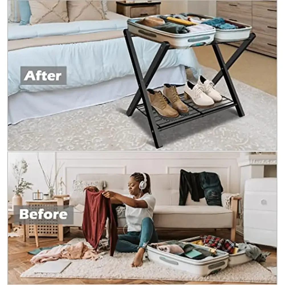 Guest Room Essentials Luggage Rack Metal Suitcase Stand Holder with Shelf Foldable Design Heavy-Duty Steel Construction 2-Tier