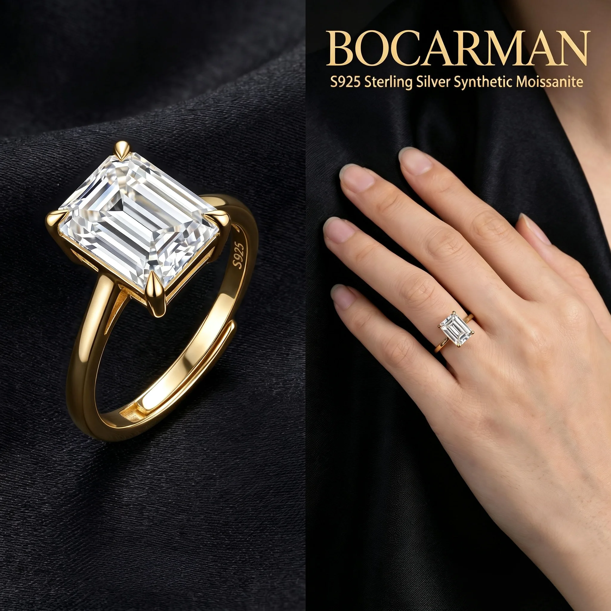 BOCARMAN Emerald Moissanite Ring S925 Silver Art Deco Solitaire Band Glamorous Gift for Her