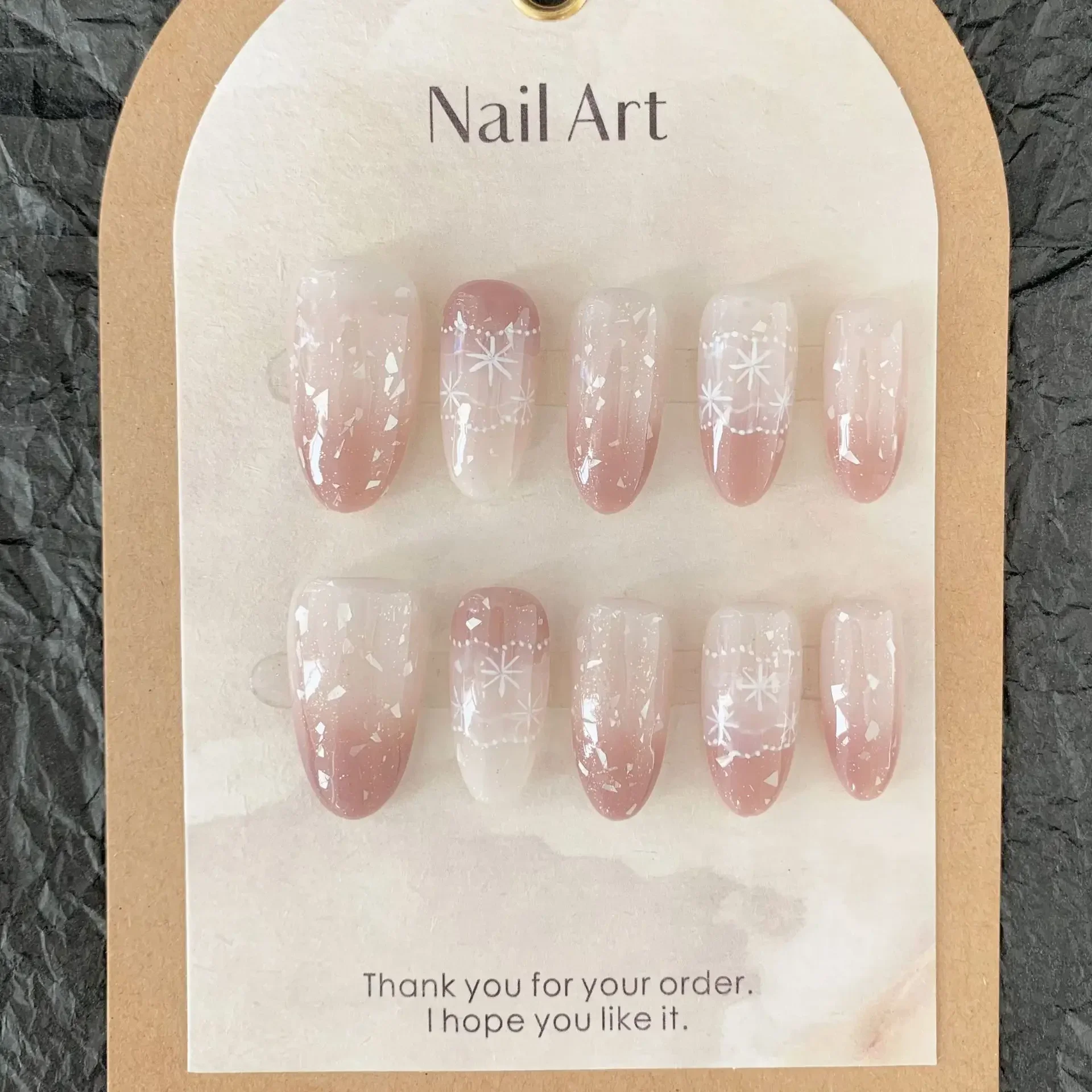 10 Pieces Gentle Temperament Press On Nails Handmade Pink Gradient Snowflake Sequins False Nail Patches Removable