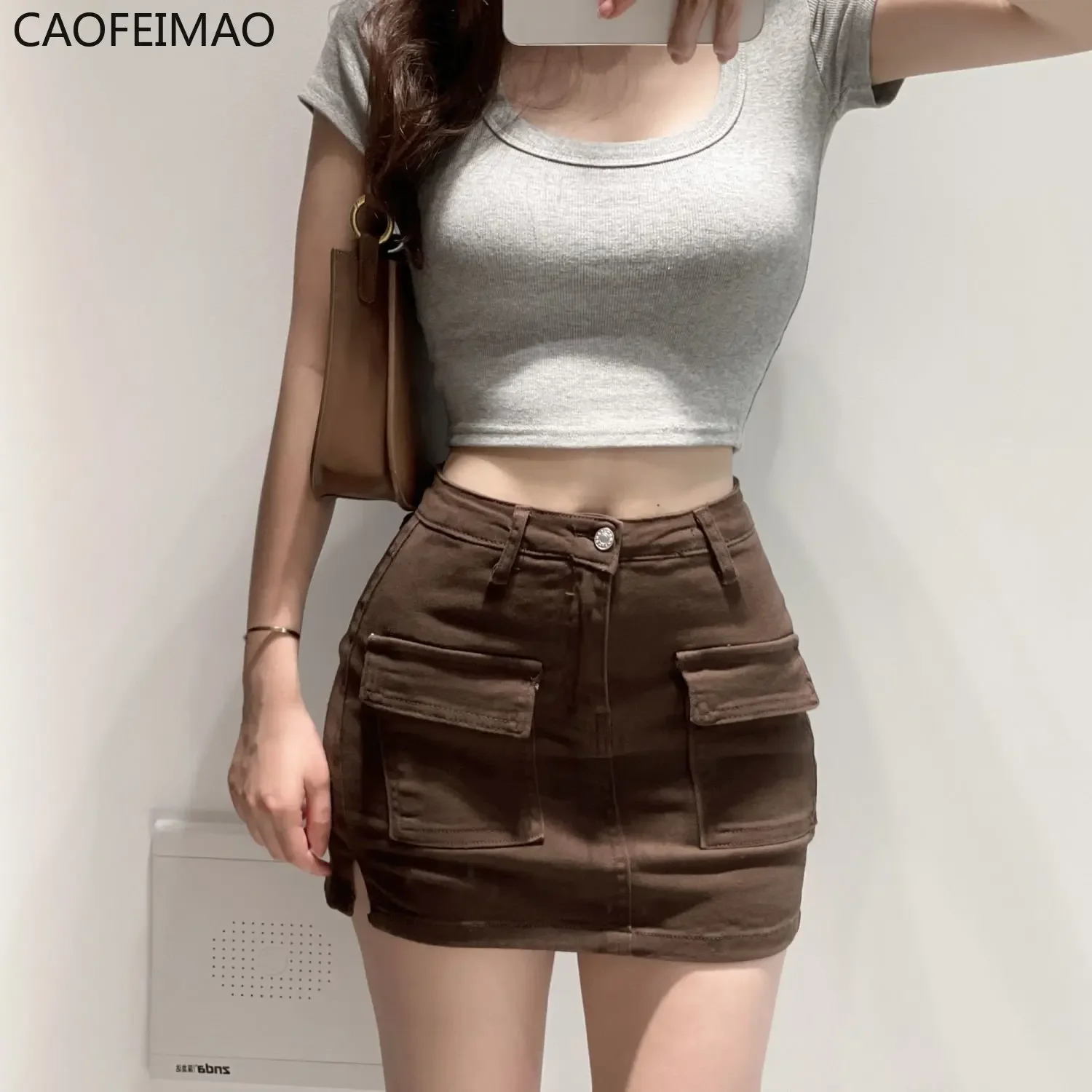 Сумк бедр Korean High Wiast Denim Mini Skirt Women Sexy Hot Girl Tight Bag Hip Skirts Female Slim Anti-Glare Short Skirts Female