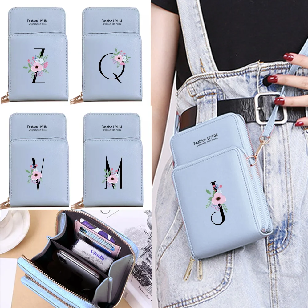 

Women Shoulder Bag Pu Leather Wallets Card Holder Touch Screen Mobile Phone Bags Storage Pack Flower Black Letter Print Purses