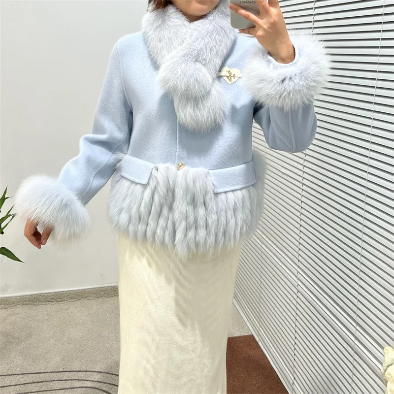 2025 Autumn Winter Real Fur Jacket Women Natural Fox Fur Collar Cashmere Wool Woolen Ladies Outerwear Female Coat