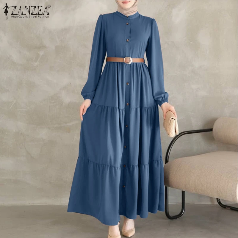 ZANZEA Women Autumn Dresses 2025 Fashion Muslim Abaya Dress O Neck Long Sleeve Sundress Pleated Robe Elegant Work Dress Vestidos