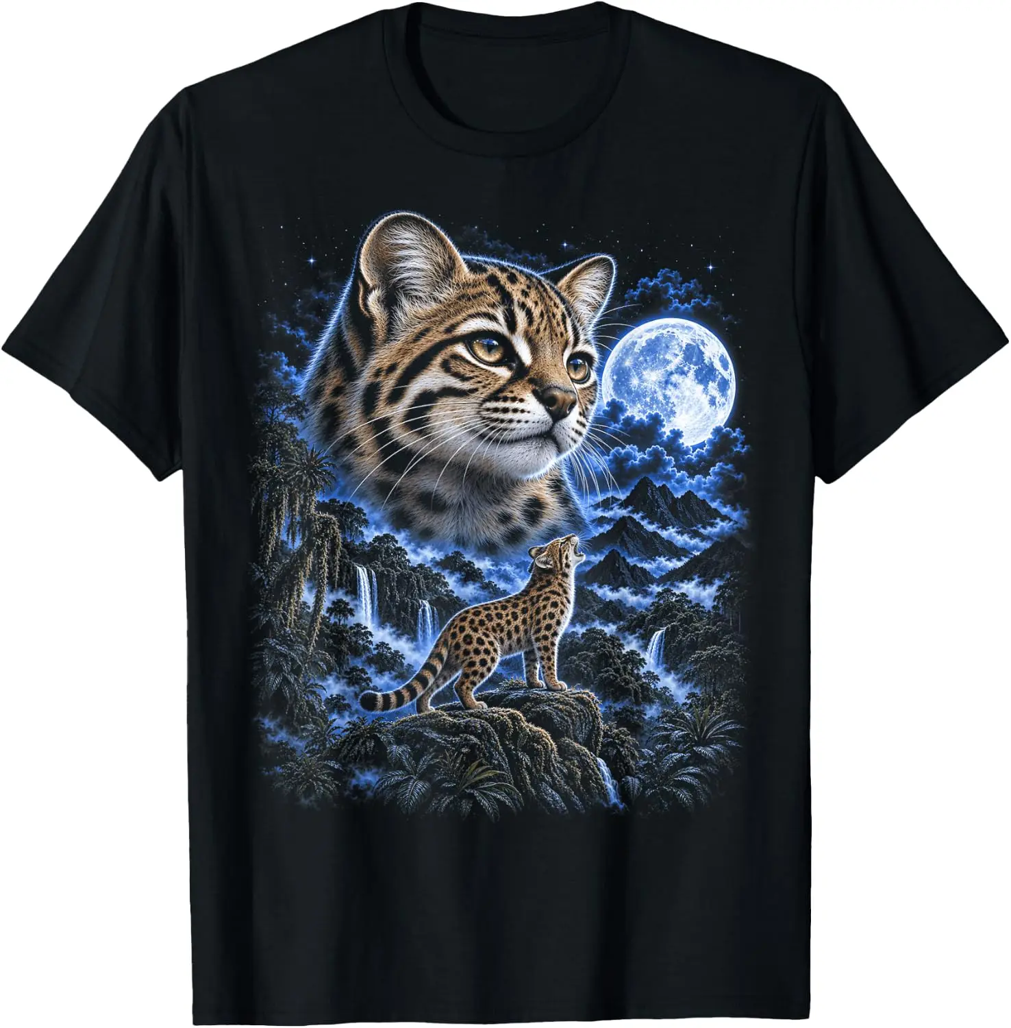 Leopardus Tilcayo Cat Howling At Moon Retro 90'S T-Shirt Men Vintage Graphic T‑Shirt, Casual Crew Neck Short Sleeve Retro Art Print Tee, Classic Distressed Style Printed Top