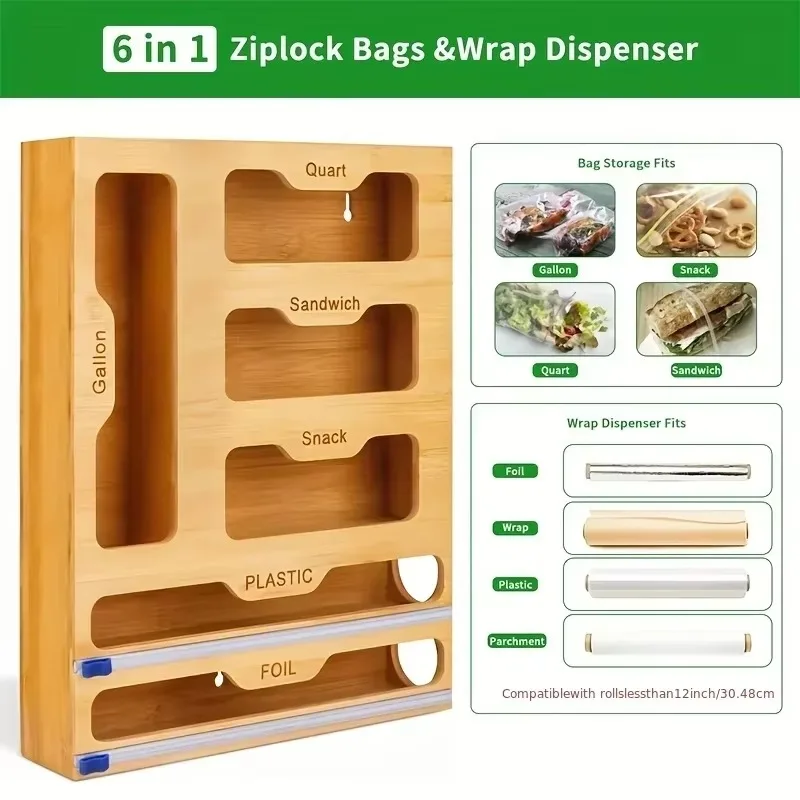 Kitchen Cling Film Cutter Plastic Wrap Dispenser with Cutter Multi Lattice Wooden Storage Shelf Bamboo Ziplock Bag Kitchen Tools