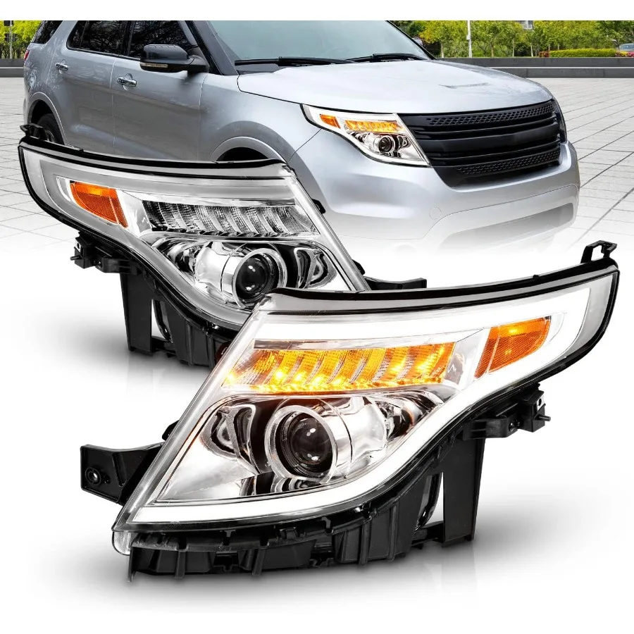 

for 2011-2015 Explorer LED Tube Signal Projector Chrome Replacement Headlight Pair Driver and Passenger Side