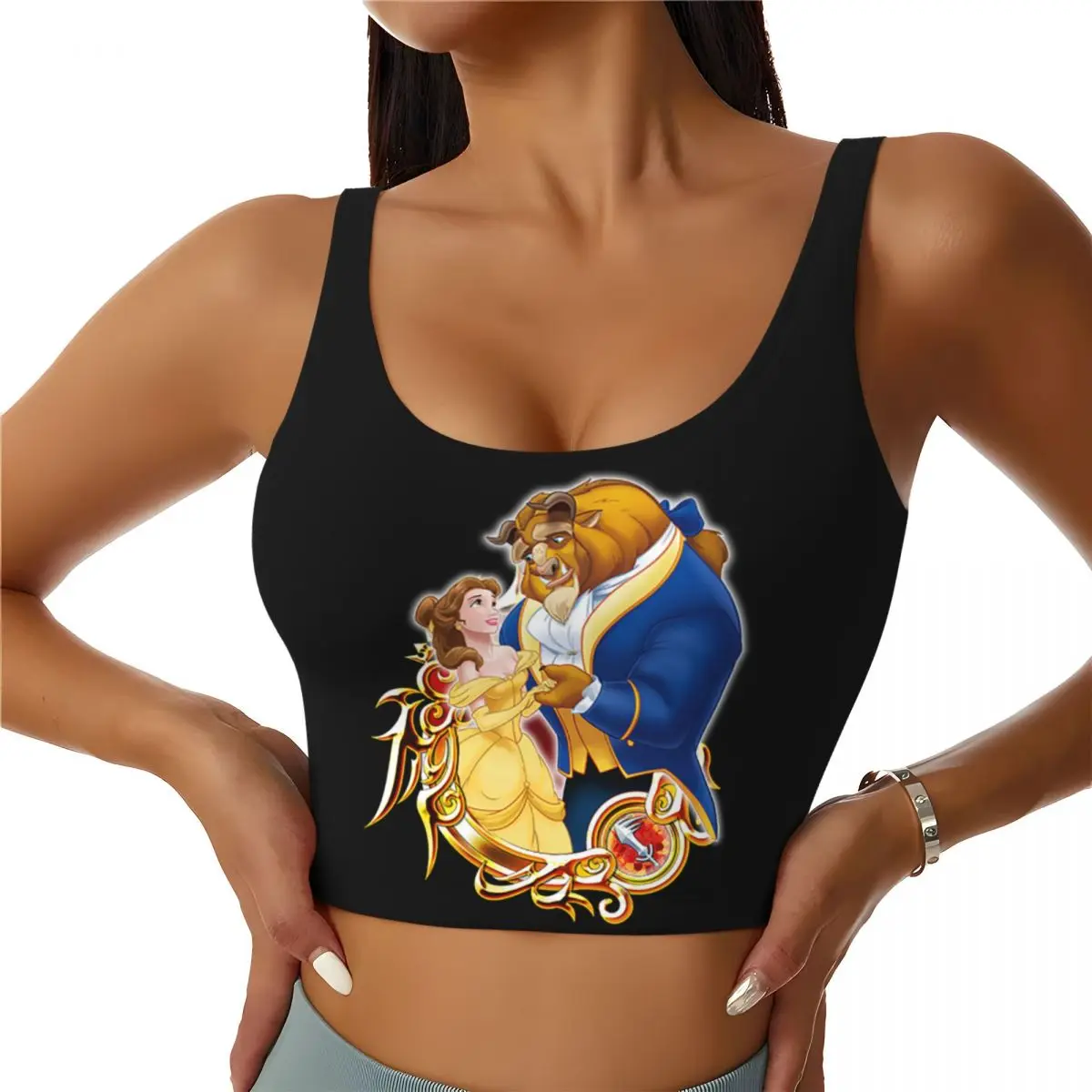 Custom High Impact Beauty And The Beast Hold Hands Sports Bra Women Gym Workout Yoga Crop Top