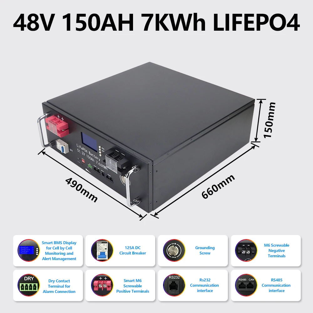 48V 150AH LiFePO4 Battery Pack Built-in BMS Lithium Iron Phosphate Cells For Replacing Most of Backup Power Home Energy Storage