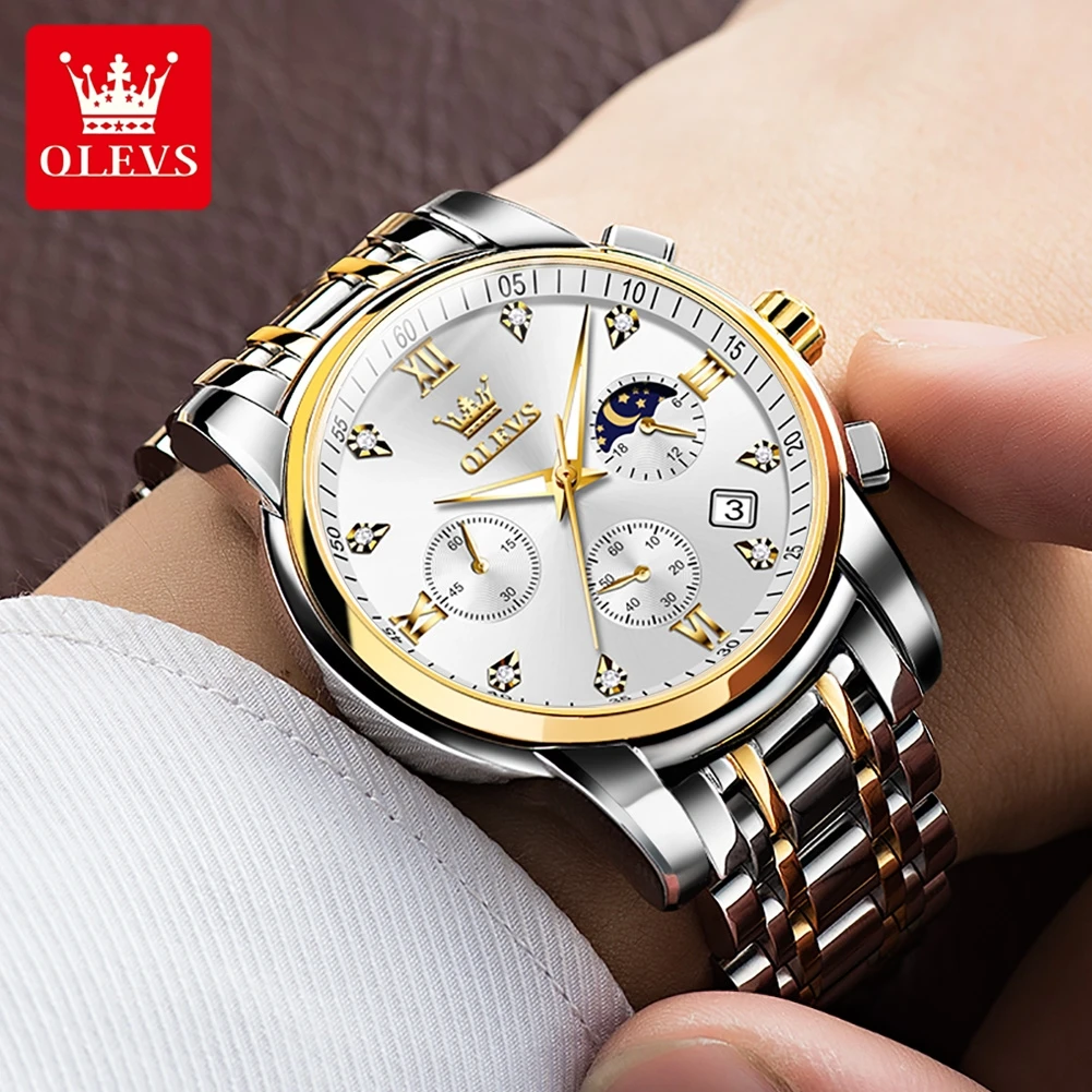 OLEVS Luxury Quartz Watch for Men Stainless Steel Waterproof Chronograph Sports Date Clock Moon Phase Original Men\'s Wristwatch