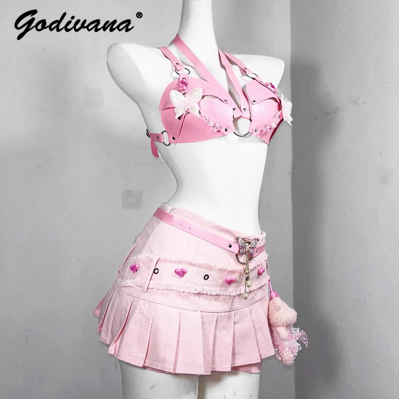 

Оригинальный сексуальный розовый кожаный бюстгальтер на шнуровке, топ с бахромой, плиссированная джинсовая мини-юбка, крутая вечерние женская юбка Y2k, костюмы