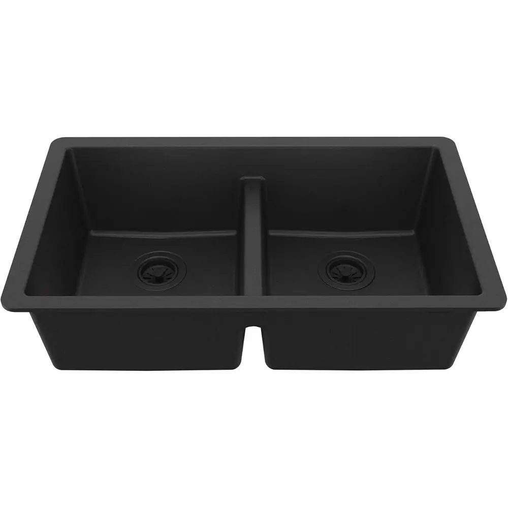 

Кухонная мойка из черного кварца с двумя чашами, 50/50 разделение, 80% кварца, термостойкая, 535 ° F, Звукоизоляция
