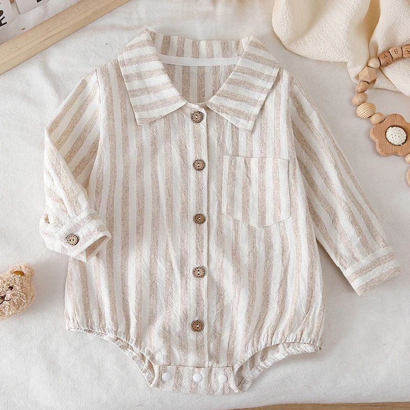 2025 New Autumn 0-24M Children Clothes Korean Style Climbing Suit Long Sleeved Cotton Stripe Infant Baby Girls Boys Jumpsuit