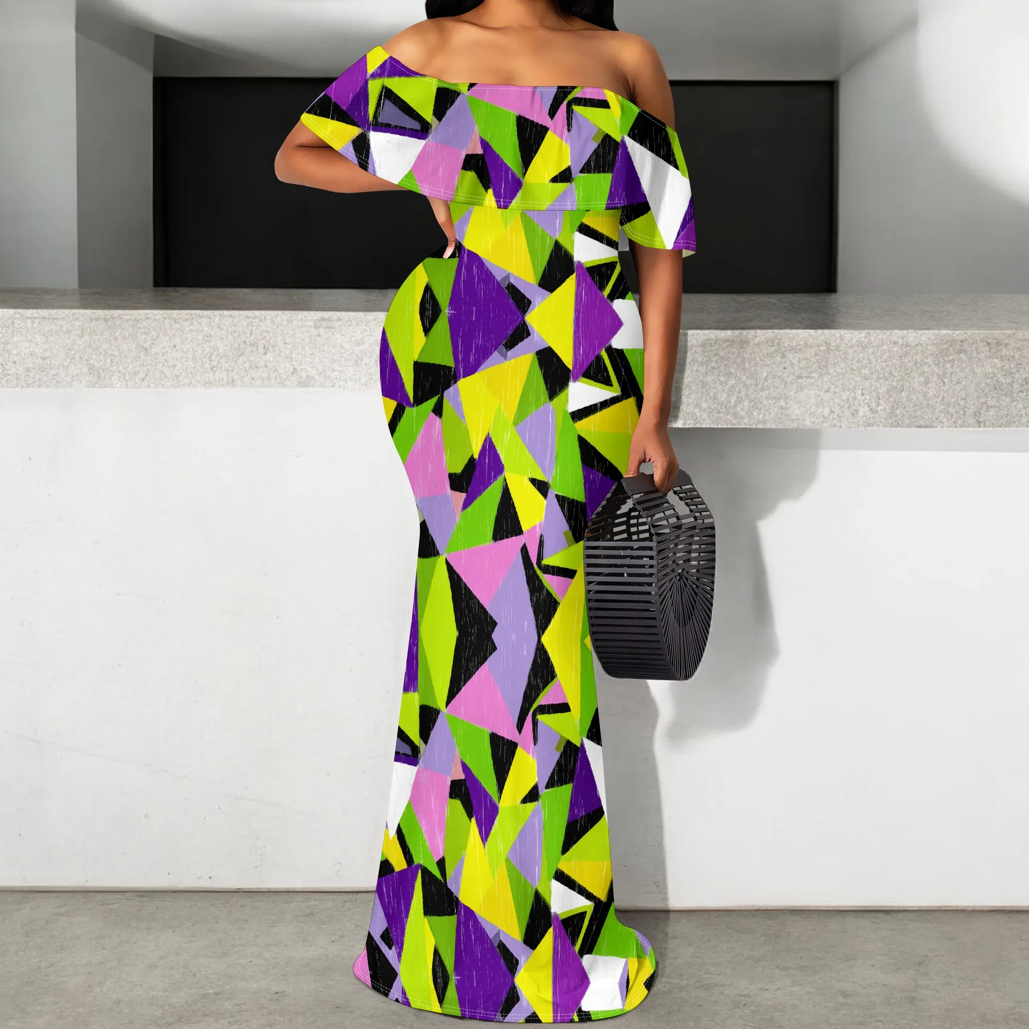 

Bright Colorful Geometric Patchwork Maxi Dress S-3XL Off Shoulder Ruffle Style for Summer Party, Evening Gala or Art Show
