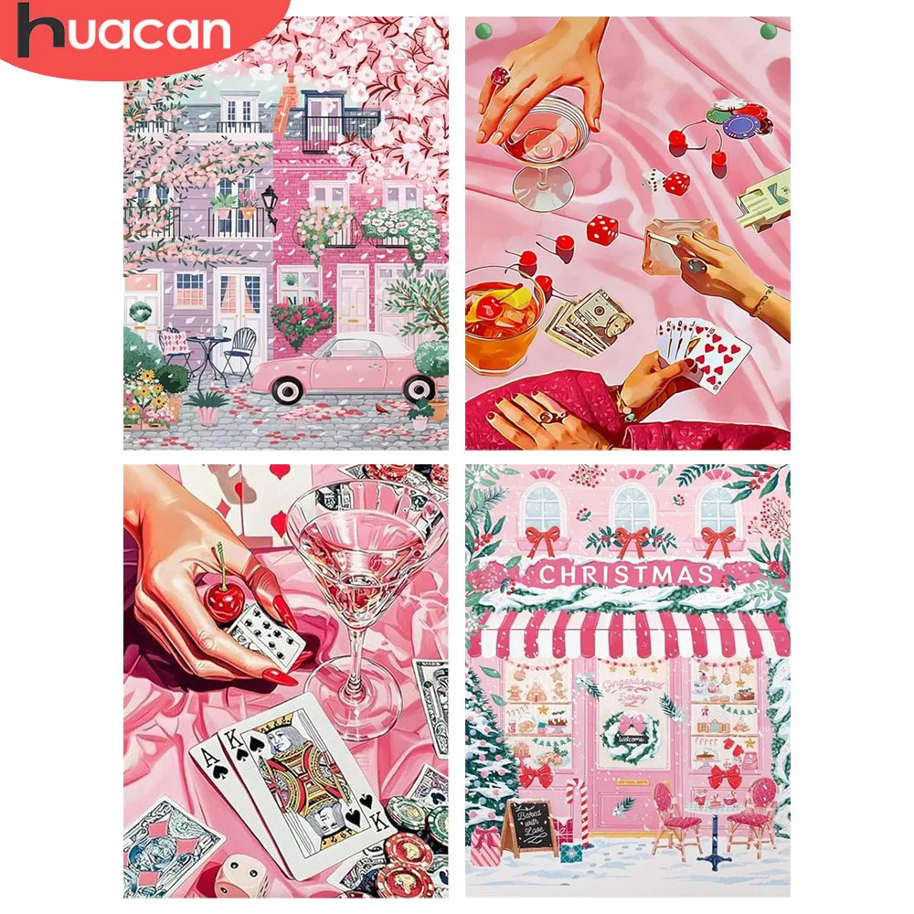 HUACAN Diamond Painting Complete Kit City Street Landscape Full Square Round Diamond Mosaic Playing Cards Pink SCenery