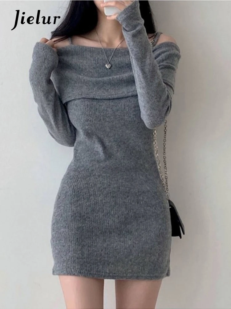 Jielur Autumn New Solid Color Sexy Women Dress Sweet Ladies Elegant Chic Dress Woman Black Grey Knitted Tight Hip Dresses Female