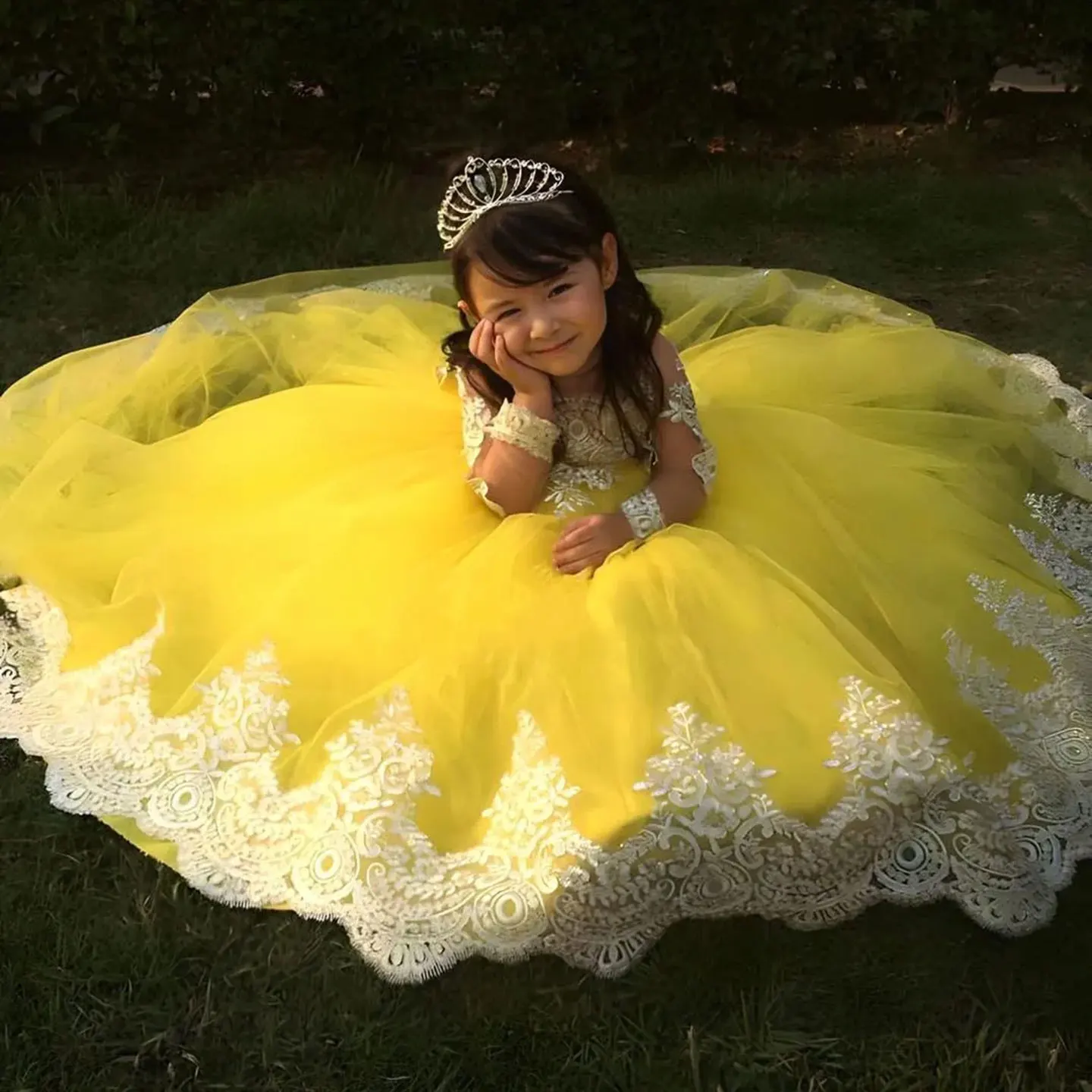 Jill Wish Elegant Dubai Girl Dress Long Sleeve Puffy Bow Arabic Princess Kids Wedding Birthday Party Long Ball Gown 2025 J176