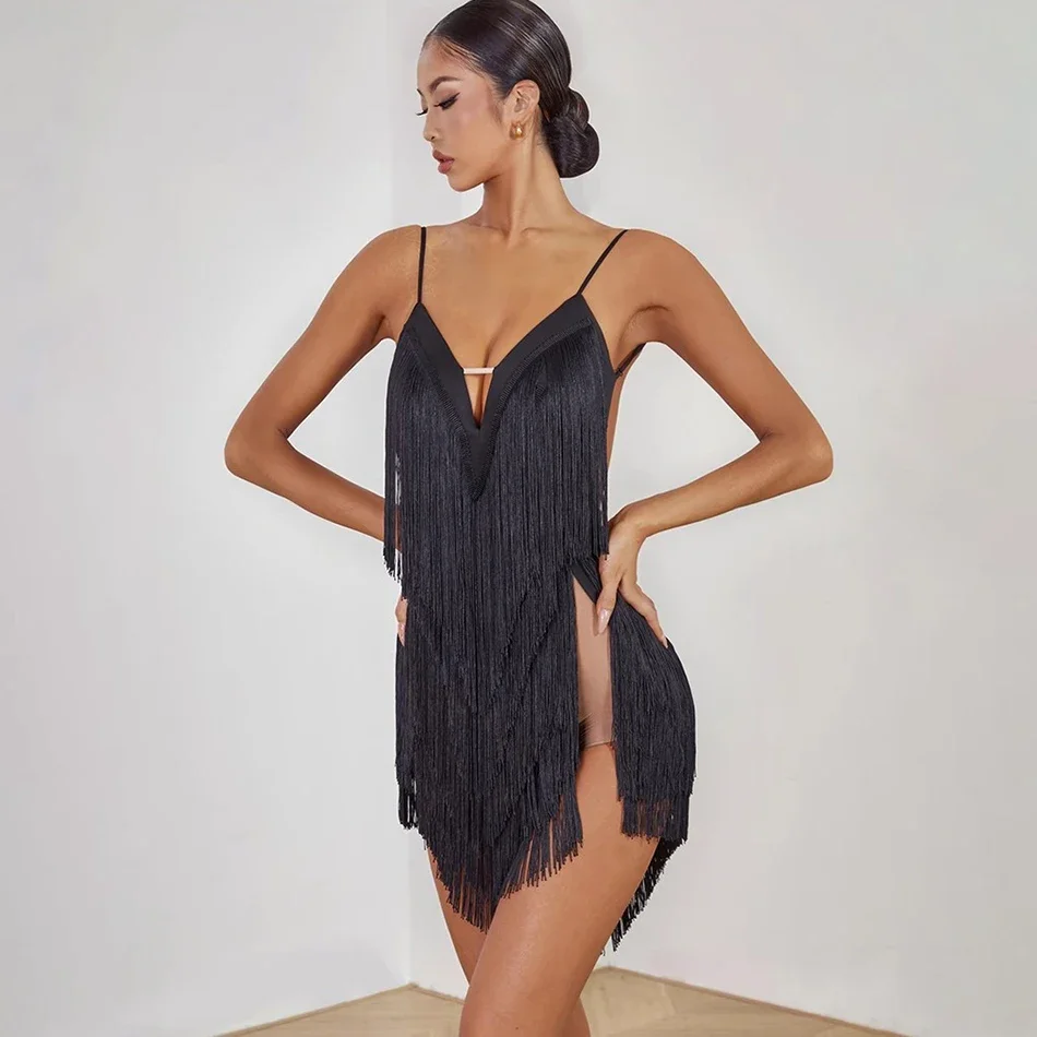 Abito da ballo latino femminile senza maniche Bae Back completamente nappa per le donne Abiti da ballo moderni per prestazioni del ventre NY60 2420