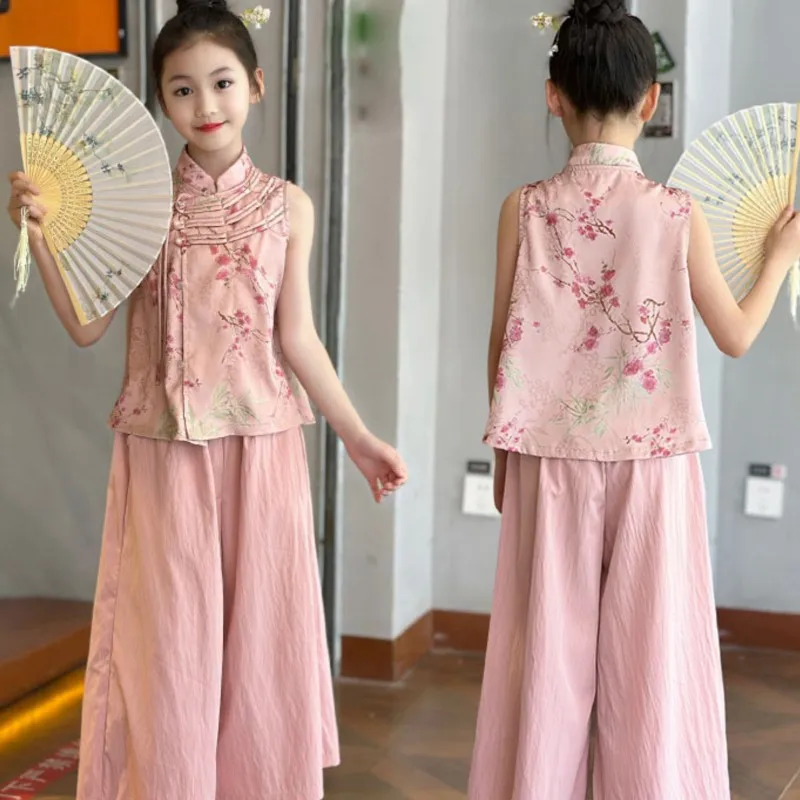 Girls' New Chinese Sleeveless Vest Set 2026 Summer Children's Ancient Style Hanfu 2-piece Set Kids' Breathable Vest Pants LJ598