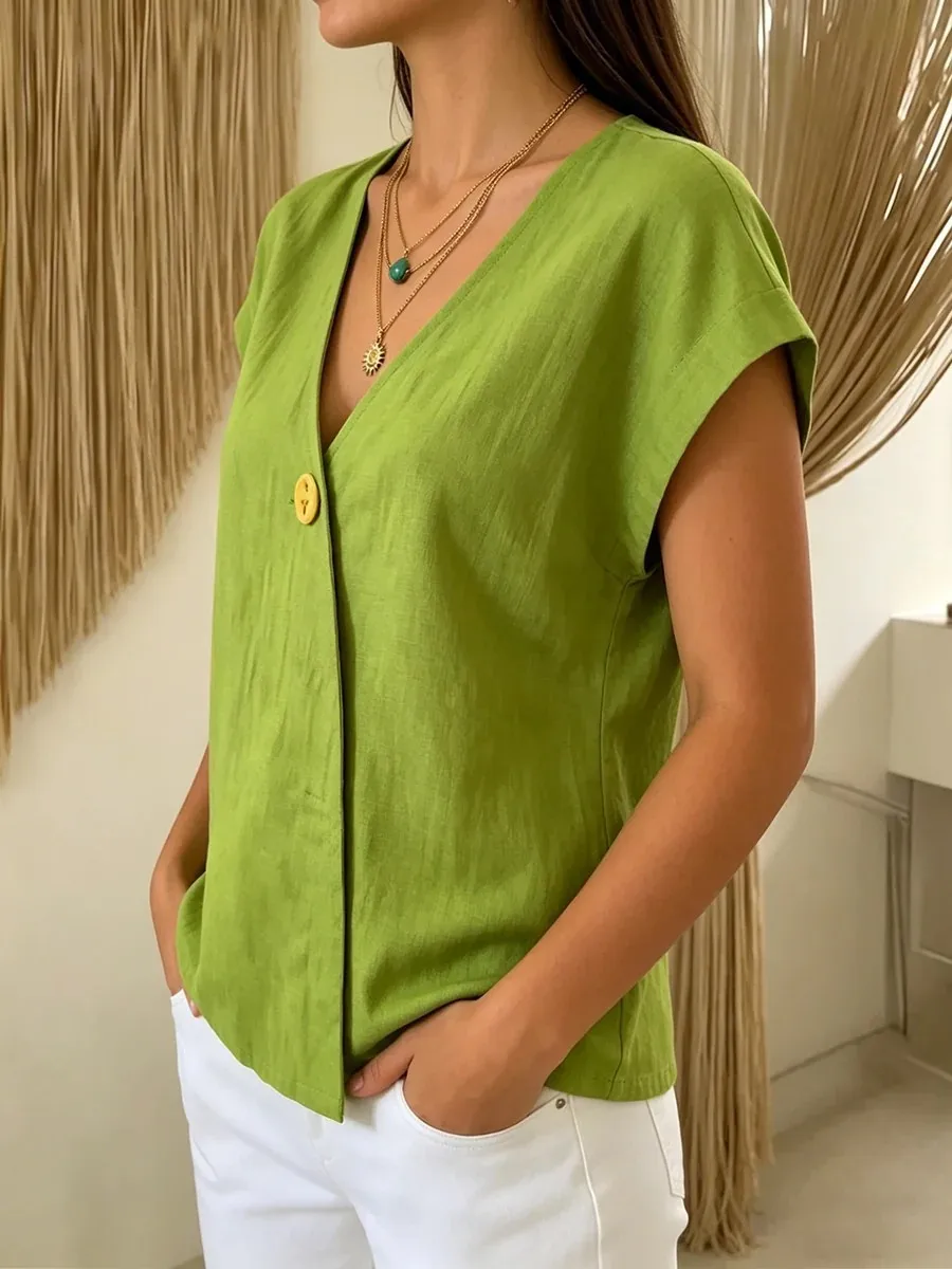 New 2026 Women's Summer Blouses Solid Color Fashion Short Sleeve V-Neck Button Cotton Linen Shirts Casual Loose Oversized Tops