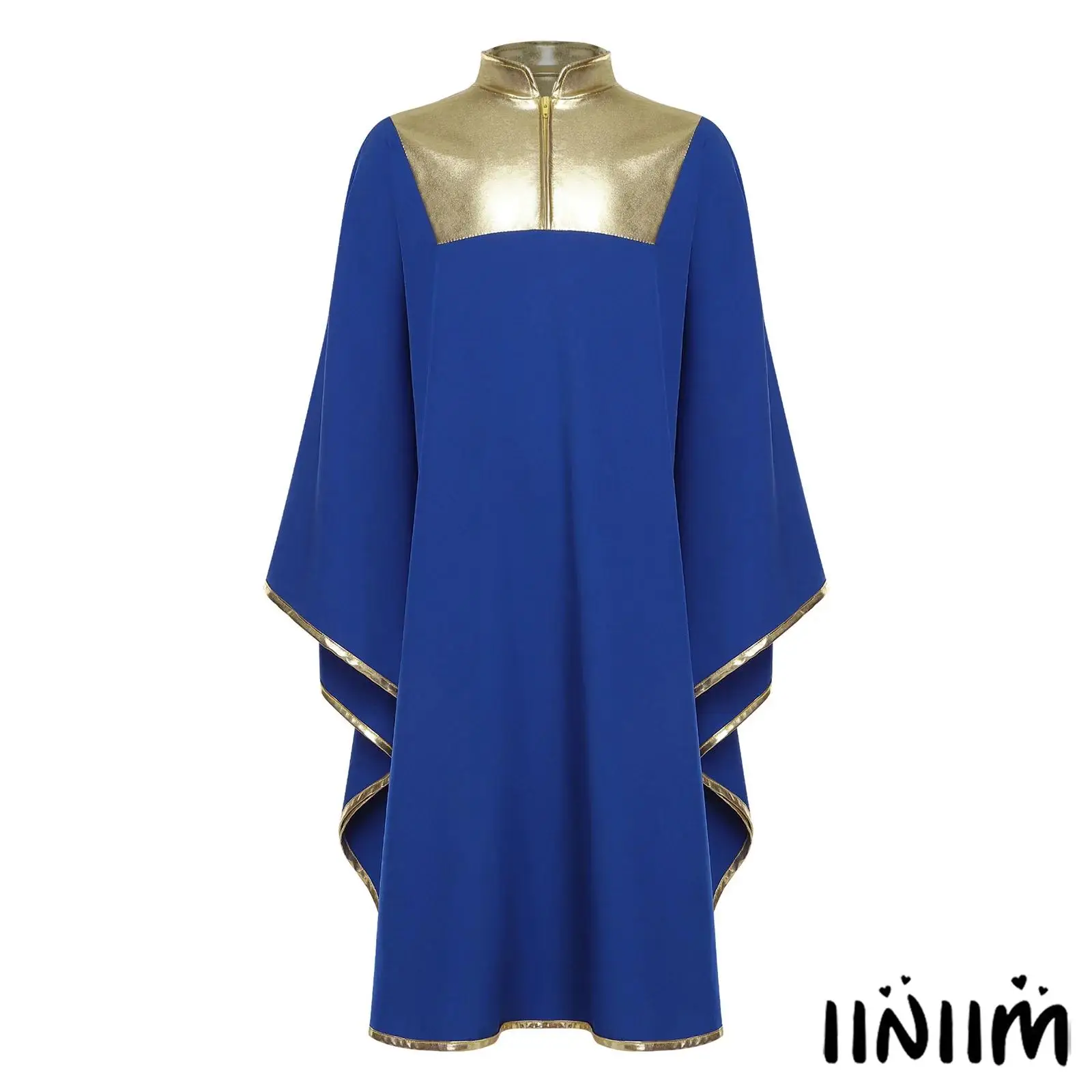 

Kids Unisex Worship Praise Dance Pastor Robe Batwing Sleeve Zipper Stand Collar Metallic Color Block Gown Church Choir Costume