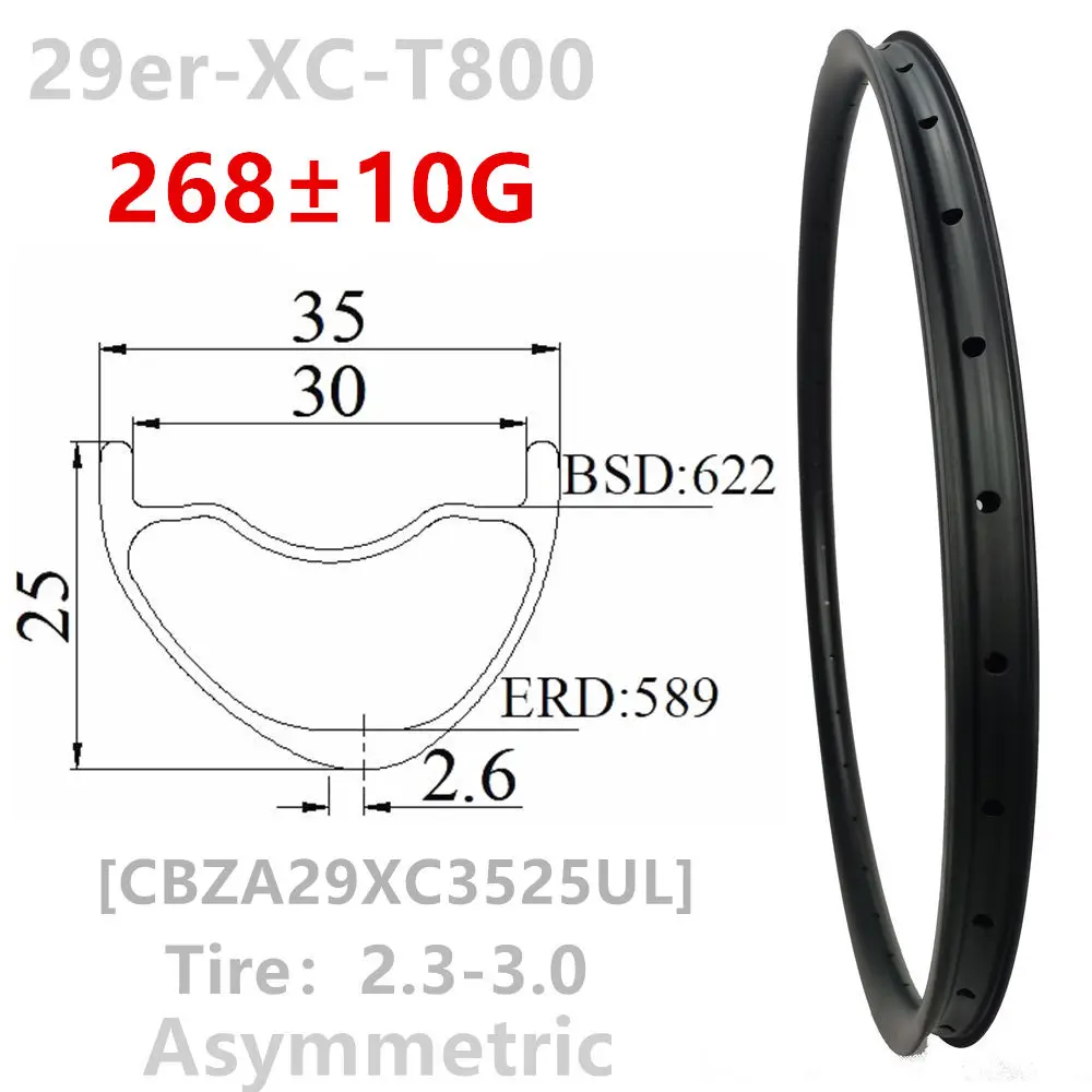 [CBZ29XC3525UL] only 265g 29er MTB Asymmetric T1000 Inner 30mm 27mm 25mm Mountain Bike Tubeless Hookless 29er carbon mtb rim