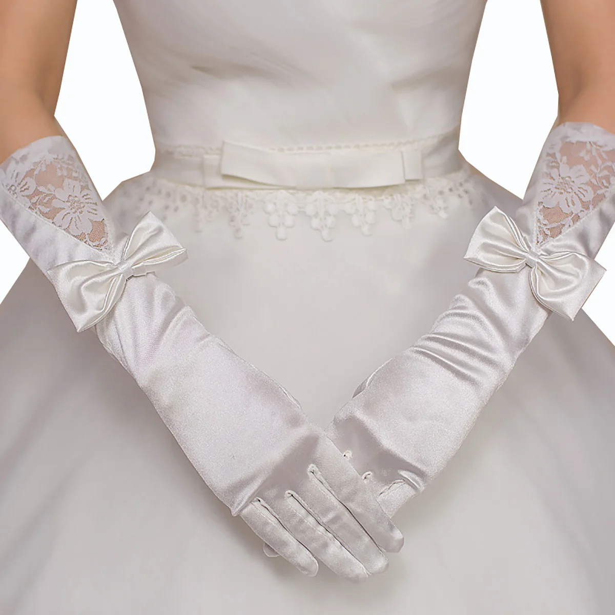 Elbow Length Wedding Gloves Paired With Bow Long Bridal Gloves