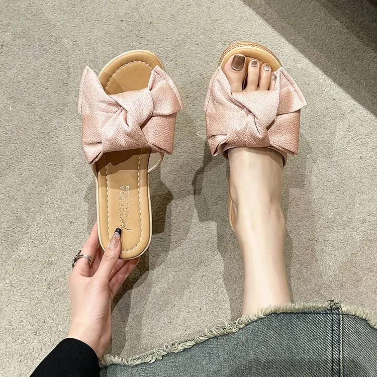 2023 Summer New Platform Wedge Slippers Women\'s Shoes Bow Decorative Clogs Fabric Light Simple Style Sandals Wedges