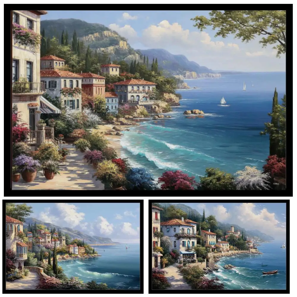 Coastal Village Seascape Canvas Print Beautiful Ocean Wall Art HD Poster Landscape Picture Modern Living Room Office Decor Large