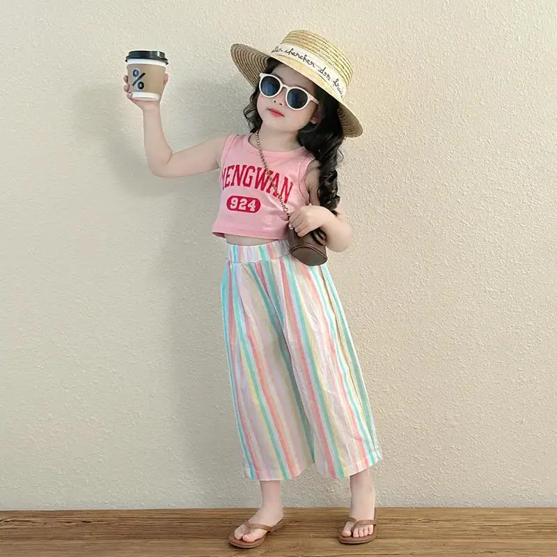 

Children's Sets Girls Suit New Summer Style Net Celebrity Vest Striped Wide-leg Pants Thin Girl Two-piece Suit Outer Wear Casual