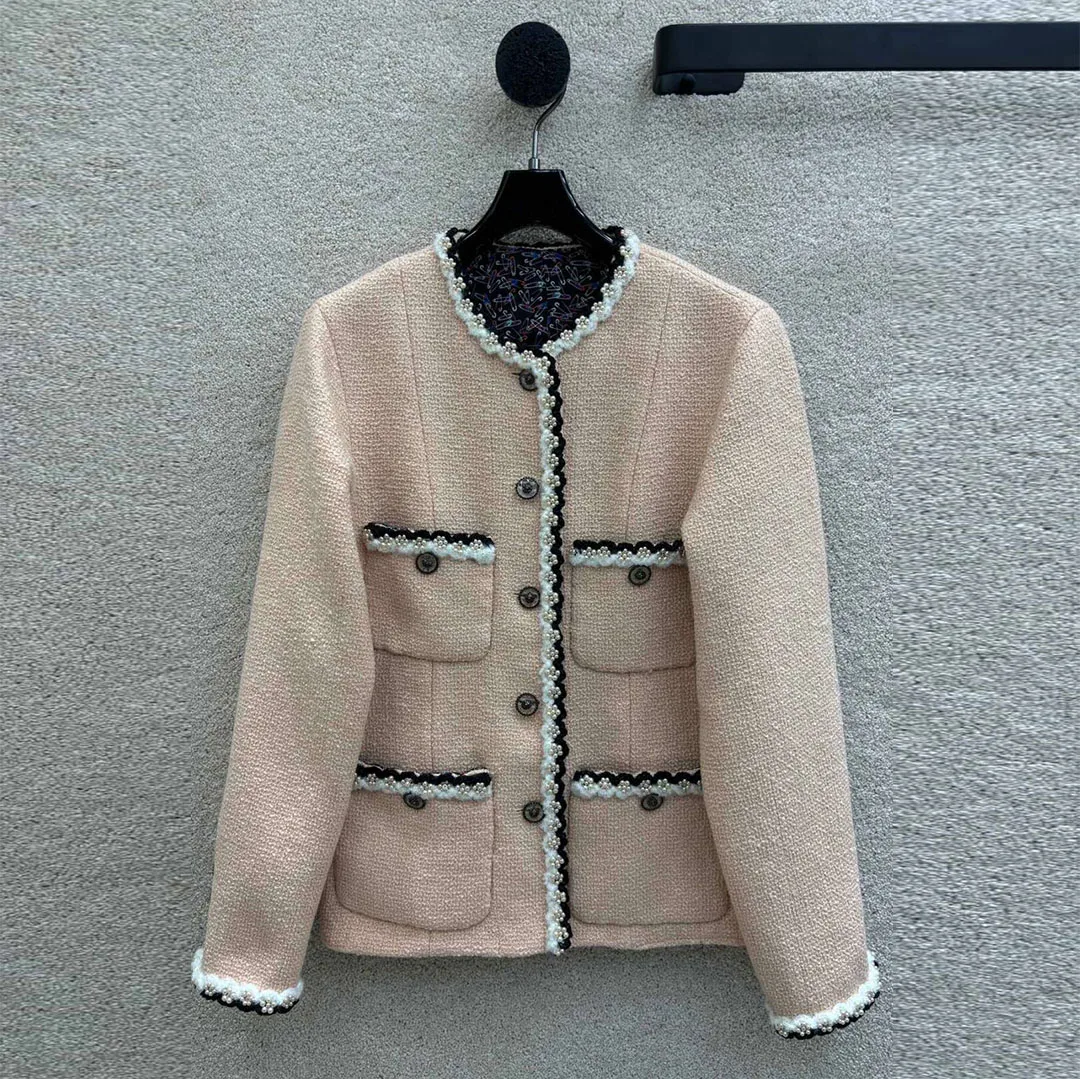 2024 New Fall Winter Fashion O-neck Beading Pearls Flower Twist Edging Long Sleeve Sweet Tweed Jacket Women Pockets Vintage Coat