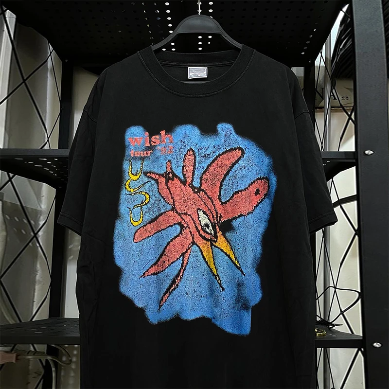 American Style Heavy Cotton round Neck Short Sleeve T-Shirt Treatment Rock Band Album Chic Hip Hop Loose Fit Printed Tee