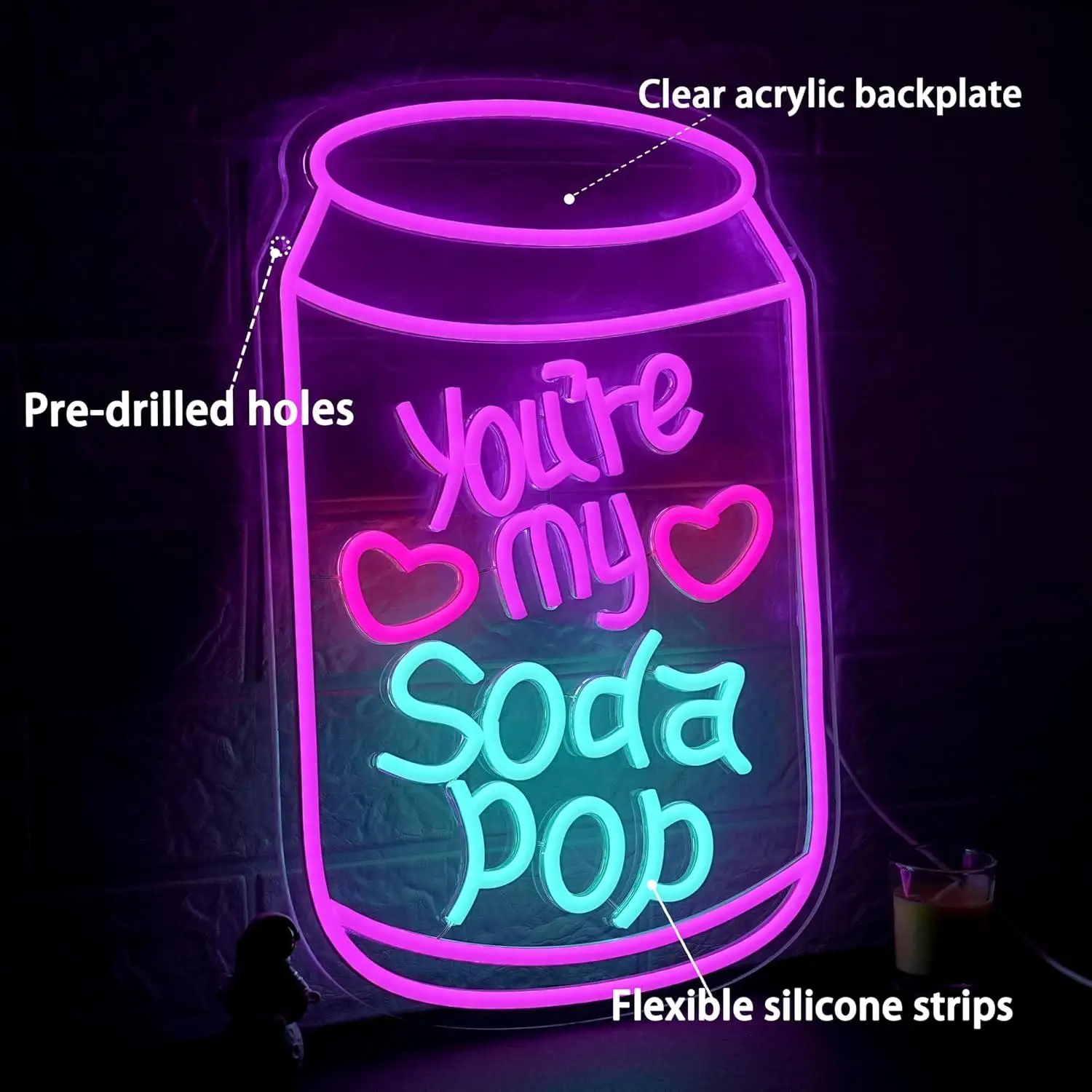Romantic Neon Sign Dimmable LED Light with You are My Soda Pop Theme for Bedroom Bar Game Room Home Aesthetic Wall Decor Gifts - view 3