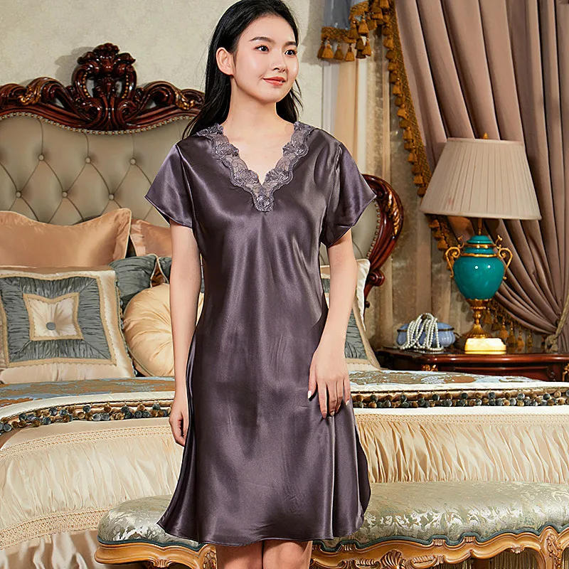 

Natural Silk Sexy Lace Sleepshirt V Neck 100% Mulberry Silk Short Sleeve Nightgown Midi Chemise Nightdress Pajama Sleeping Dress