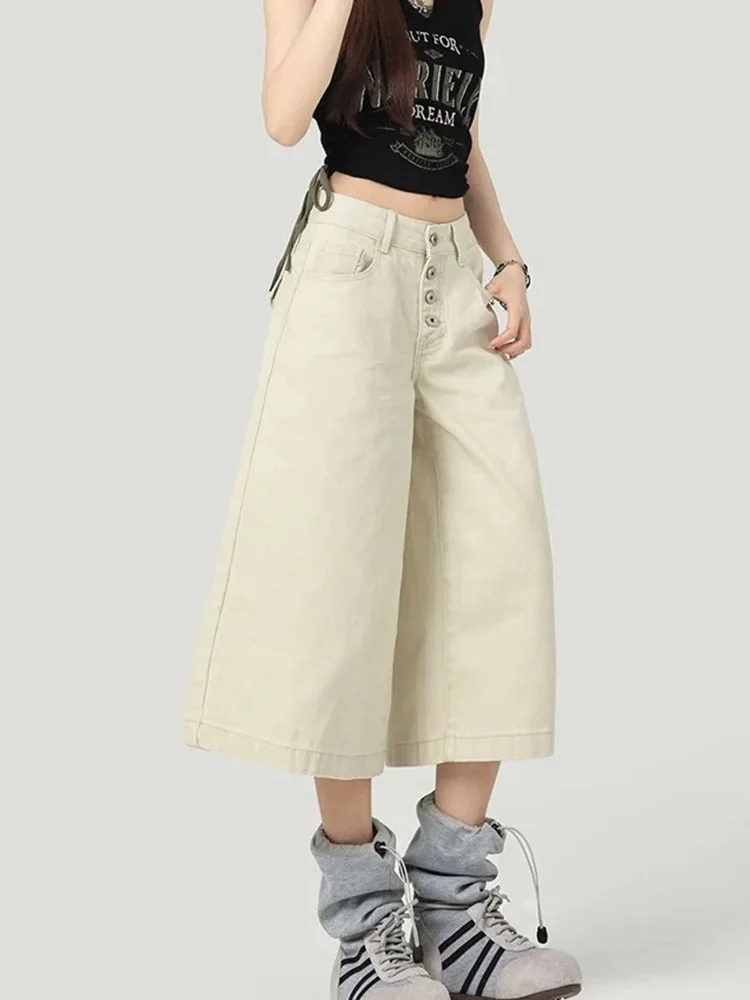 Summer Women's Single Breasted Design Shorts Street High Waist Pants Cool Girls Calf-length Trousers Female Wide Leg Streetwear