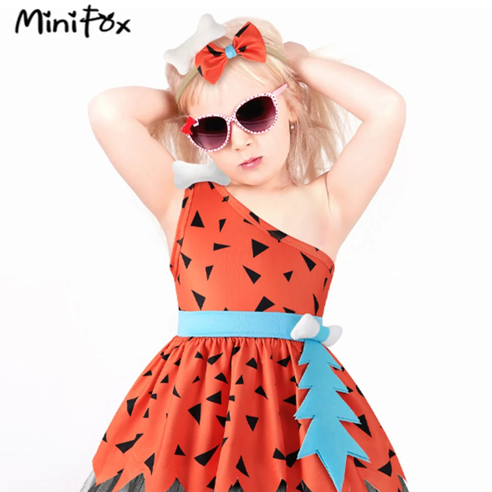 MiniFox Halloween Caveman Dress For Girls Clothes Off Shoulder Baby Dresses Historical Stone Age Party Girl Halloween Costume