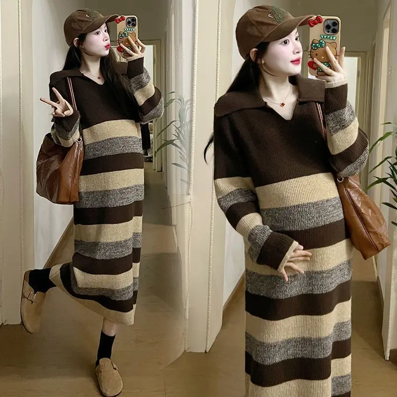 

Striped Knit Dress For Women Long Sleeve Polo Neck Loose Fit Mid Calf Length Casual Style Autumn Winter Wear